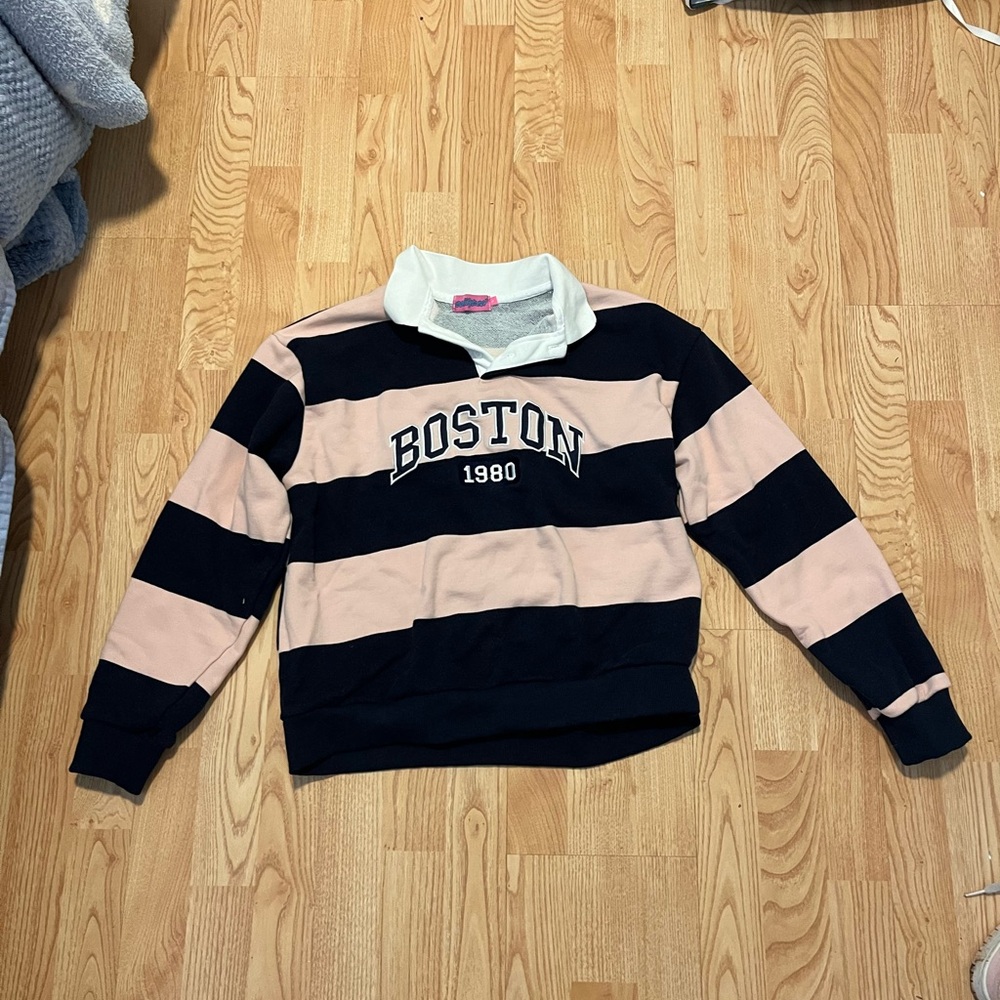 Edikted Cream and Black Striped Polo